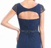 Bedövning Navy Blue Aline Chiffon Mor av bruden Klänningar V-Neck Cap Sleeves Backless Sparkling Pärlor Sequins Aftonklänningar