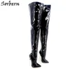 6 1/4 "Trend Women Winter Boots High Heels Patent Läder Stövlar Kvinnlig Heel Plain Stretch Crotch Lår High Boot Black Plus Storlek