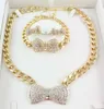 Ensembles de bijoux plaqués or à la mode Chunky Chain Full Strass Bow Collier Bracelet Boucle d'oreille pour les femmes