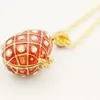Wholesale Handcrafted Red green Enamel Open crystal Faberge Egg Russian Egg Locket Pendant Necklace