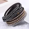 Kvinnor Ny Fashion PU Läder Wrap Armband Cuff Punk Rhinestone Armband Crystal Bangle Charm Armband 10Colors