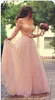 오프 - 어깨 절반 슬리브 이브닝 드레스 2015 핑크 레이스 아플리케이션 푸른 루슈 얇은 툴레 댄스 파티 드레스 긴 플러스 크기 공식 드레스