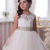Dantel Çiçek Kız Elbise Prenses Beyaz Şampanya Şerit Trim Bow Illusion Boyun Çizgisi Kapalı Düğmeler Geri Custom Made Pageant Törenlerinde