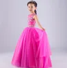 Wedding Party Jewel Neck Beaded Long Flower Girl Dresses Pleated Tulle Ruffled Floor Length Ball Gown Lace up Little Girl Birthday Dress