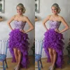 Clientes Purple High Low Tiers Vestidos de baile Crystal Sweetheart Beading Organza Pageant Dress Hot A line Backless Fotos reales de alta calidad