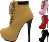 Kvinnor Lace Up High Heel Ankel Boot Booties Stiletto Platform Almond Toe Skor Storlek 35 till 40