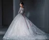 Elegant bollklänning spets bröllopsklänningar 2016 från axelns långa ärmar sheer illusion kapell tåg applikationer pärlor brudklänning klänningar