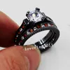 Size 5-11 Retro Fashion Jewelry 14kt Black Gold Filled Red Garnet Multi Stone Cz Simulated Diamond Women Wedding Engagement Ring Set
