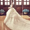 Stunning Tulles Ball Gown Sheer Wedding Dresses Sleeveless High Collar Backless Lace Cathedral Train Tiers Formal Bridal Gowns