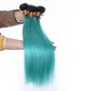 Blå Ombre Brasilianska Human Hair Weaves Straight Dark Root 1B Green Ombre Virgin Human Hair Buntlar Deal 3pcs Lot Brasilian Double Wefts