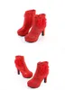 Chaussures de mariage en dentelle rouge bottines de mariée à talons hauts avec fleur à la main 10.5 cm talon épais chaussures de mariée scintillantes pas cher