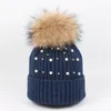 Hoge Kwaliteit Bling Diamond Hat Dame 15 CM Wasbeer Haar Bal Knit Cap Tij Winter Konijnenbont Pearl Wrap Warm Winter Hat Groothandel