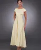 Mãe da noiva amarelo claro vestido de mangas curtas meados de bezerro comprimento do chá ruched senhora festa mãe do noivo vestido vestidos de noite