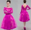 Vintage Dentelle Appliques Manches Longues Robes De Soirée Une Ligne Bateau Décolleté Illusion Longueur Au Genou Court Tulle Robes De Bal Royal Violet Fuchsia