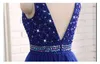 Stunning Royal Blue Evening Dresses Scoop V-Neck Sparkling Beads Sequins Crystal Top Pleats Soft tulle Skirt Prom Dress Real Pictures