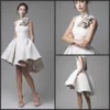 2019 새로운 레이스 웨딩 드레스 Krikor Jabotian 보석 민소매 높은 낮은 웨딩 드레스 짧은 라인 비치 브라 꽃 244와 드레스