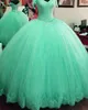 Klassieke Baljurk Prom Jurk Plus Size Mint Turquoise Corset Puffy Lace Tulle Prom Dresses Custom Made Off Shoulder Quinceanera Town
