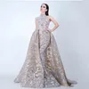Yousef Aljasmi 2018 vestidos de baile de pescoço alto com trem destacável modesto luxo laço brilhante applique plus size noite concurso desgaste vestidos