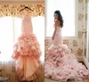 Real Image Pink Mermaid Wedding Dresses Swetheart Back Lace Up Tiered Beads Pick Ups Beach Wedding Gown Organza Sashes Cheap Bridal Dress