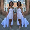 Zuid-Afrikaanse Hoge Low Prom Dresses Sexy Sweetheart Kant Applicaties Avondjurken Roze en Wit Chiffon Overskirts Formele feestjurk