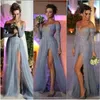 Evening Gowns Long Sleeves Dresses Party Prom A Line Off Shoulder High Slit Vintage Lace Grey Prom Dresses Long Chiffon Formal Gown