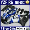 YZF-R6 용 페어링 키트 98-02 YAMAHA YZF600 YZF R6 1998 1999 2000 2001 2002 화이트 블루 블랙 오토바이 페어링 세트 GG3 + 7 선물