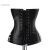 Kvinnors läder Steampunk Corset Black Steel Boned Rockabilly Zipper Overbust Corset Bustier Brown Corpete med kedjor