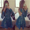 Sexy Cheap Short Lace Cocktail Dresses A Line Mini Party Gowns Illusion Long Sleeves Blue Open Back Prom Wear Jewel Neck