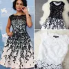 Detaliczna Moda Damska Suknia Wieczorowa Haft Koronki Liść Drukuj Dress Summer Tank Casual Dress Bez rękawów dla kobiet Czarna Biała Dress