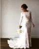 2020 새로운 저렴한 이슬람 머메이드 웨딩 드레스 보석 전체 레이스 3D 꽃 아플리케 긴 소매 스윕 기차 지퍼 다시 공식 신부 가운