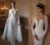 Mermaid Elegant Lace Applique Wedding Dresses with Detachable Chiffon Cloak Deep Neck Long Sleeve Sheer Back Bridal Gown Train