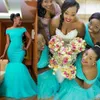 2018 Cheap African Mermaid Long Bridesmaid Dresses Off Should Turquoise Mint Tulle Lace Appliques Plus Size Maid of Honor Bridal Party Gowns