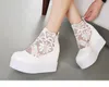 Vivi Lena Tatlı Dantel Beyaz Sandalet Yüksek Platformu Kama Sandalet Görünmez Yükseklik Artan Peep Toe Kadın Ayakkabı 2 Renk Boyutu 35 ila 39