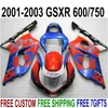 High quality fairing kit for SUZUKI GSXR600 GSXR750 2001 2002 2003 K1 blue red Corona GSXR 600 750 fairings set 01-03 RA10