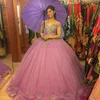 2019 المرجان فساتين quinceanera الكرة ثوب الرسمي حفلة موسيقية اللباس الذهب الخرز التسلق تول طبقات الحلو 16 أثواب مهرجان