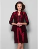 New Arrival Free Shipping Elegant Sheath/Column Mother of the Bride Dress With Jacket Burgundy Knee-length 3/4 Length Sleeve Taffeta