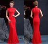 Haute qualité col haut sans manches sirène chinoise Cheongsam robes de mariée 2015 longueur de plancher fermeture éclair dos robe de mariée en dentelle rouge robe de mariée