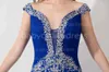 Shede Mermaid Royal Blue Tulle Prom Avondjurk 2015 Off Shoulder Formal Party-jurken met unieke kralen pailletten Elegantnew jurken BZP0436