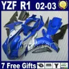 Yamaha 2002 2003年YZF R1 Faireword Kits Blue Black YZF1000 Bodywork Kitセット6B4J + 7ギフトのOEMブルーインジェクションフェアリング