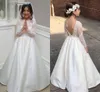 2019 robes première communion bijou dentelle manches longues v dos nu robes de mariée enfants satin une ligne robes de soirée