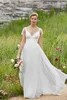 2015 Lihi Hod abito da sposa scollo a V manica corta Lombarole perline che bordano pizzo chiffon spiaggia Boho abiti da sposa bohemien