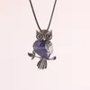 New Lovely Amethyst Gemstone Owl On Branch Necklace Owl Spirit Animal with Natural Stone Beads Pendant Leather Rope Women Necklace Jewelry