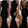 Siyah Abiye Mermaid Kapaklı Sequins Boncuk Backless Balo Kokteyl Elbise Uzun Bateau Ucuz Pageant Akşam Parti Örgün Önlükler
