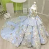 Sky Blue Ball Town Meisjes Pageantjurken met Champagne Bloemen Kant Tiered Bloem Meisje Jurken Voor Huwelijk Sweep Trein Babyfeestjurk