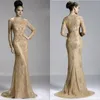 Gold Sexy Langarm Juwel Abendkleid Reißverschluss Sweep Zug Formelle Kleider mit Applikationen Arabisches Kleid Spitze