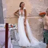 Berta Bohemian Backless Wedding Dresses Appliqued A Line Deep V Neck Split Side Lace Bridal Gowns Tulle Vestido De Novia252h