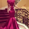 Arabic Dresses Evening Wear Off Shoulder Pleats Appliques Sequins Mermaid Evening Dresses Long Satin Zipper Dubai Abaya Cocktail Prom Dress