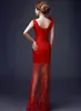 Czerwone chińskie suknie ślubne osłona kolumna Głębokie V Neck Koronki Bez Rękawów Aplikacje Lace-Up Powrót Sheer Spódnica Suknie Ślubne z Handmade Flower