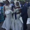 2019 Elegant sjöjungfru bröllopsklänning Afrikansk arabisk plusstorlek Sparkly Crystals High Neck Capped Open Back Sequins Appliqued Bridal Gowns