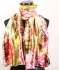 1pcs Red Pink Cherry Blossoms Fences Scarves Gold Women's Fashion Satin Oil Painting Long Wrap Shawl Beach Silk Scarf 160X50cm